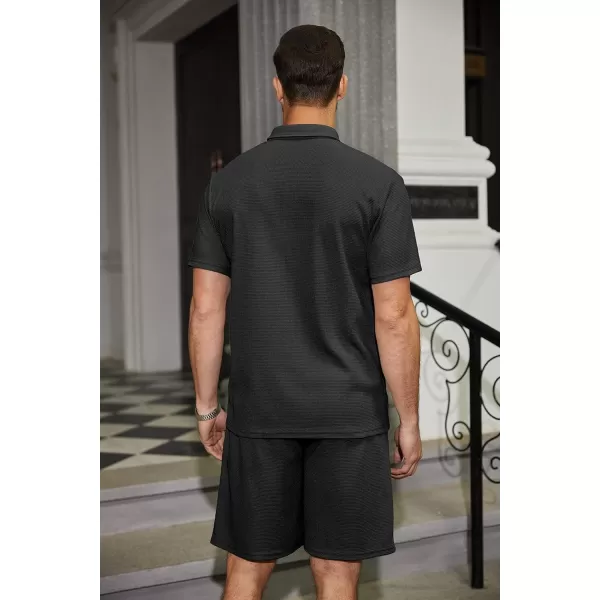 COOFANDY Men's Waffle Knit Polo Shirt and Shorts Set 2 Pieces Outfits Summer Suit Casual Tracksuit with Pockets