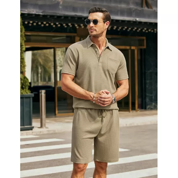 COOFANDY Men's Waffle Knit Polo Shirt and Shorts Set 2 Pieces Outfits Summer Suit Casual Tracksuit with Pockets