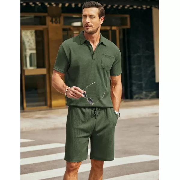 COOFANDY Men's Waffle Knit Polo Shirt and Shorts Set 2 Pieces Outfits Summer Suit Casual Tracksuit with Pockets