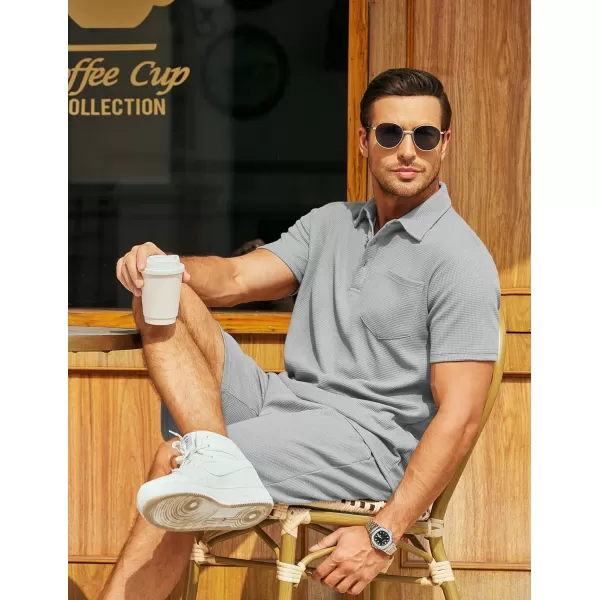 COOFANDY Men's Waffle Knit Polo Shirt and Shorts Set 2 Pieces Outfits Summer Suit Casual Tracksuit with Pockets