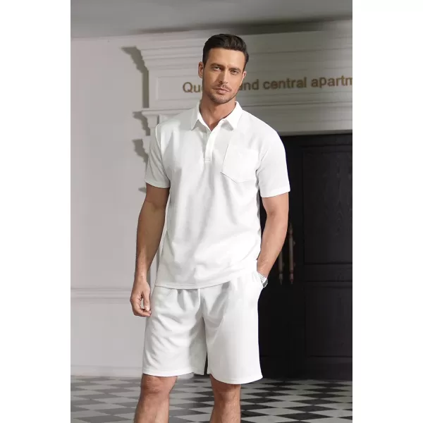 COOFANDY Men's Waffle Knit Polo Shirt and Shorts Set 2 Pieces Outfits Summer Suit Casual Tracksuit with Pockets