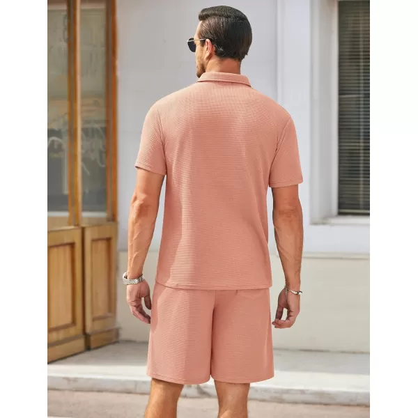 COOFANDY Men's Waffle Knit Polo Shirt and Shorts Set 2 Pieces Outfits Summer Suit Casual Tracksuit with Pockets