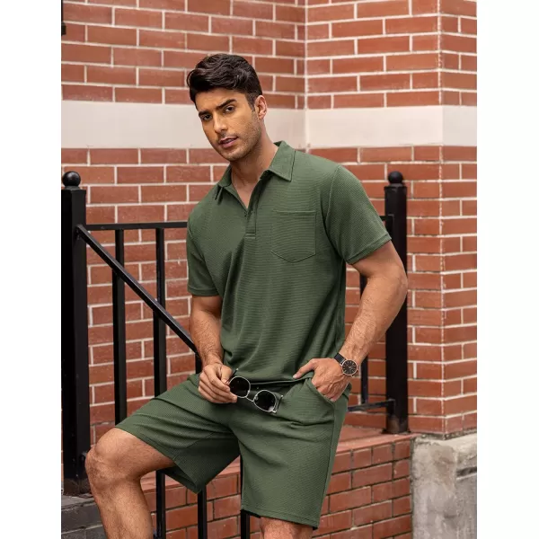 COOFANDY Men's Waffle Knit Polo Shirt and Shorts Set 2 Pieces Outfits Summer Suit Casual Tracksuit with Pockets
