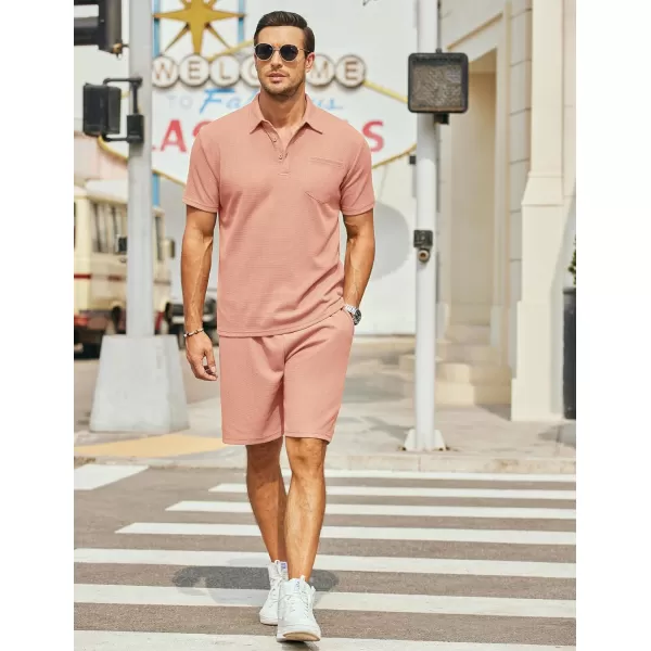 COOFANDY Men's Waffle Knit Polo Shirt and Shorts Set 2 Pieces Outfits Summer Suit Casual Tracksuit with Pockets