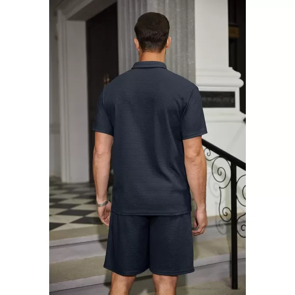 COOFANDY Men's Waffle Knit Polo Shirt and Shorts Set 2 Pieces Outfits Summer Suit Casual Tracksuit with Pockets