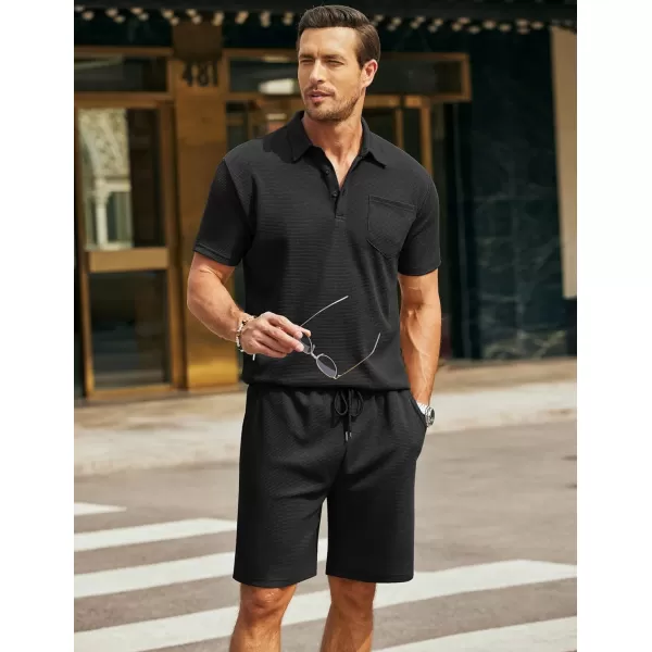 COOFANDY Men's Waffle Knit Polo Shirt and Shorts Set 2 Pieces Outfits Summer Suit Casual Tracksuit with Pockets