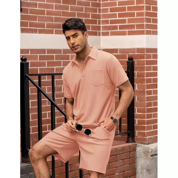 COOFANDY Men's Waffle Knit Polo Shirt and Shorts Set 2 Pieces Outfits Summer Suit Casual Tracksuit with Pockets