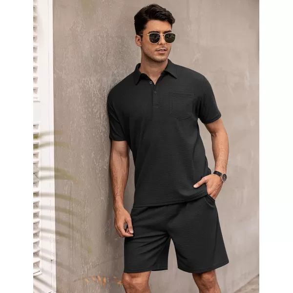 COOFANDY Men's Waffle Knit Polo Shirt and Shorts Set 2 Pieces Outfits Summer Suit Casual Tracksuit with Pockets