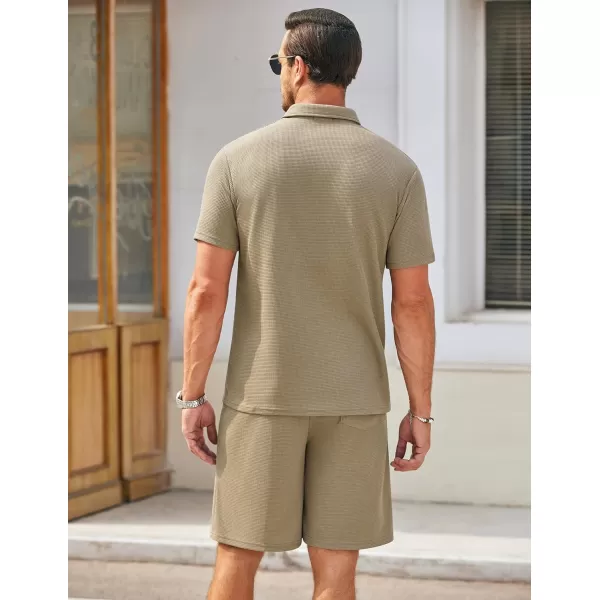 COOFANDY Men's Waffle Knit Polo Shirt and Shorts Set 2 Pieces Outfits Summer Suit Casual Tracksuit with Pockets