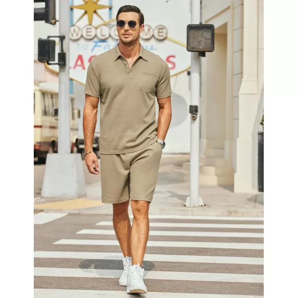 COOFANDY Men's Waffle Knit Polo Shirt and Shorts Set 2 Pieces Outfits Summer Suit Casual Tracksuit with Pockets