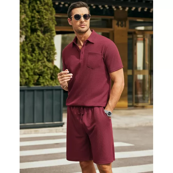 COOFANDY Men's Waffle Knit Polo Shirt and Shorts Set 2 Pieces Outfits Summer Suit Casual Tracksuit with Pockets