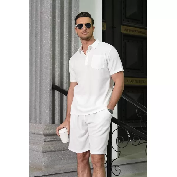 COOFANDY Men's Waffle Knit Polo Shirt and Shorts Set 2 Pieces Outfits Summer Suit Casual Tracksuit with Pockets