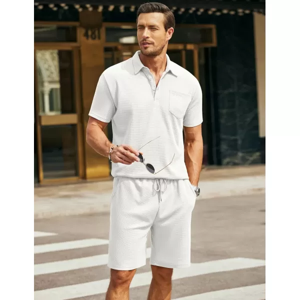 COOFANDY Men's Waffle Knit Polo Shirt and Shorts Set 2 Pieces Outfits Summer Suit Casual Tracksuit with Pockets