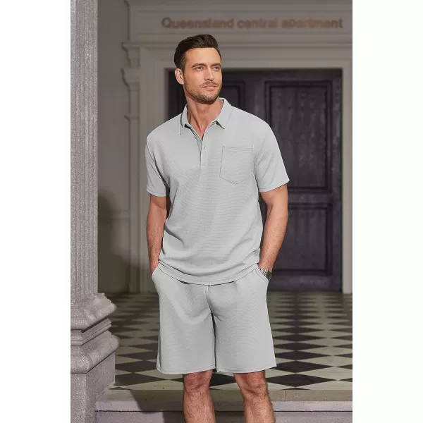 COOFANDY Men's Waffle Knit Polo Shirt and Shorts Set 2 Pieces Outfits Summer Suit Casual Tracksuit with Pockets