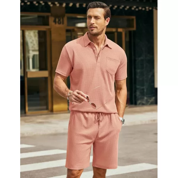 COOFANDY Men's Waffle Knit Polo Shirt and Shorts Set 2 Pieces Outfits Summer Suit Casual Tracksuit with Pockets