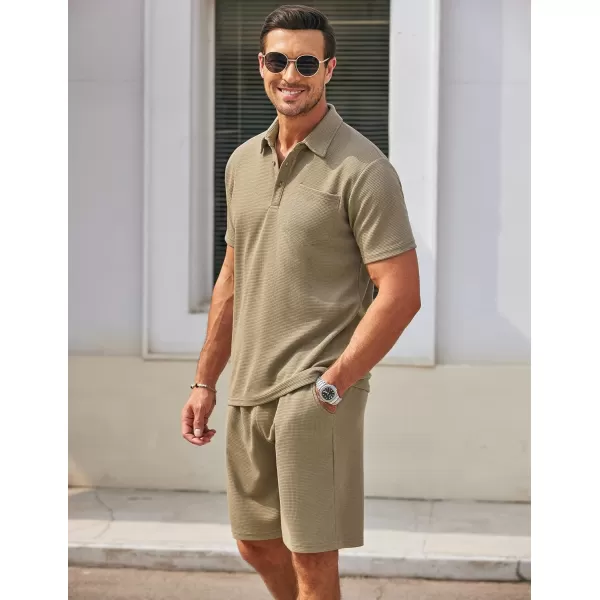 COOFANDY Men's Waffle Knit Polo Shirt and Shorts Set 2 Pieces Outfits Summer Suit Casual Tracksuit with Pockets