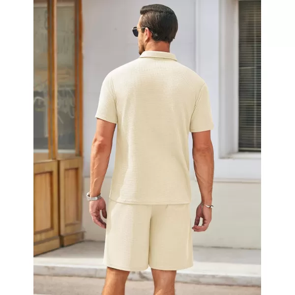 COOFANDY Men's Waffle Knit Polo Shirt and Shorts Set 2 Pieces Outfits Summer Suit Casual Tracksuit with Pockets