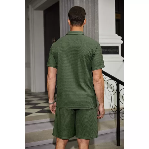 COOFANDY Men's Waffle Knit Polo Shirt and Shorts Set 2 Pieces Outfits Summer Suit Casual Tracksuit with Pockets