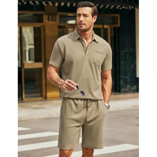 COOFANDY Men's Waffle Knit Polo Shirt and Shorts Set 2 Pieces Outfits Summer Suit Casual Tracksuit with Pockets