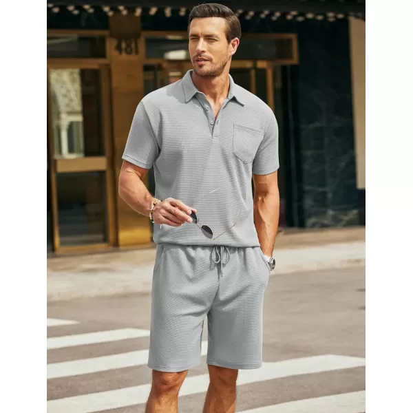 COOFANDY Men's Waffle Knit Polo Shirt and Shorts Set 2 Pieces Outfits Summer Suit Casual Tracksuit with Pockets