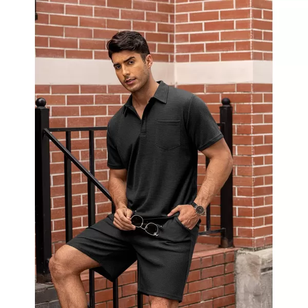 COOFANDY Men's Waffle Knit Polo Shirt and Shorts Set 2 Pieces Outfits Summer Suit Casual Tracksuit with Pockets