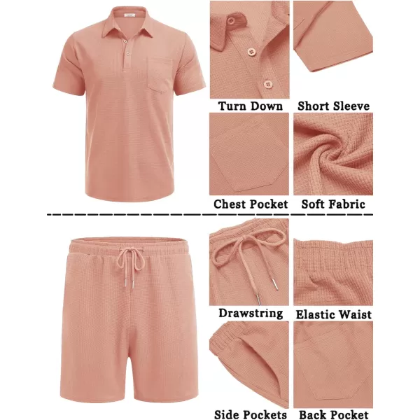 COOFANDY Men's Waffle Knit Polo Shirt and Shorts Set 2 Pieces Outfits Summer Suit Casual Tracksuit with Pockets