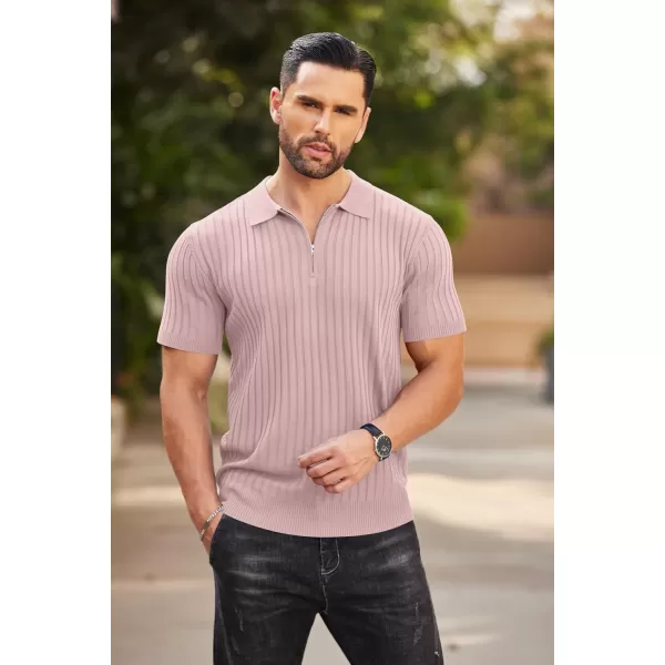 COOFANDY Men's Zipper Polo Shirts Short Sleeve Ribbed Knit Polo T Shirts Fashion Casual Golf Shirts