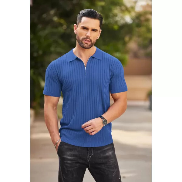 COOFANDY Men's Zipper Polo Shirts Short Sleeve Ribbed Knit Polo T Shirts Fashion Casual Golf Shirts