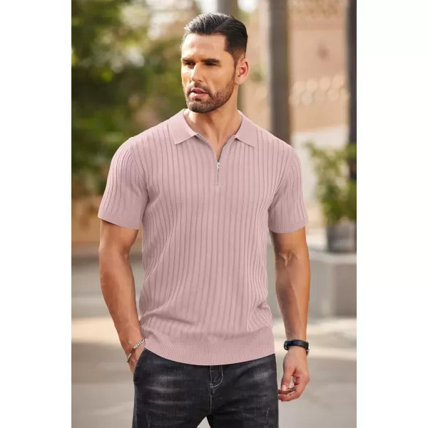 COOFANDY Men's Zipper Polo Shirts Short Sleeve Ribbed Knit Polo T Shirts Fashion Casual Golf Shirts