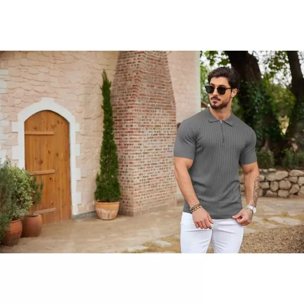 COOFANDY Men's Zipper Polo Shirts Short Sleeve Ribbed Knit Polo T Shirts Fashion Casual Golf Shirts