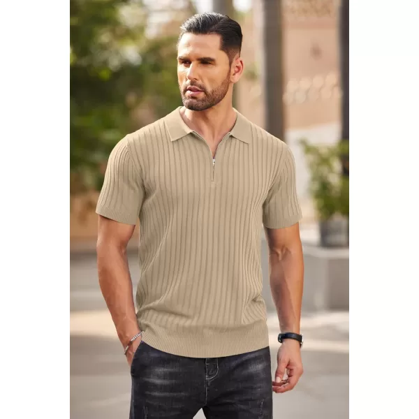 COOFANDY Men's Zipper Polo Shirts Short Sleeve Ribbed Knit Polo T Shirts Fashion Casual Golf Shirts