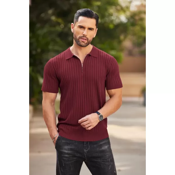 COOFANDY Men's Zipper Polo Shirts Short Sleeve Ribbed Knit Polo T Shirts Fashion Casual Golf Shirts