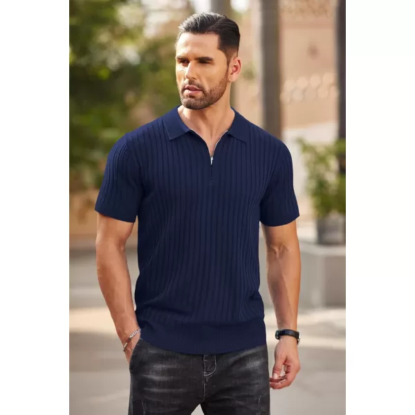 COOFANDY Men's Zipper Polo Shirts Short Sleeve Ribbed Knit Polo T Shirts Fashion Casual Golf Shirts