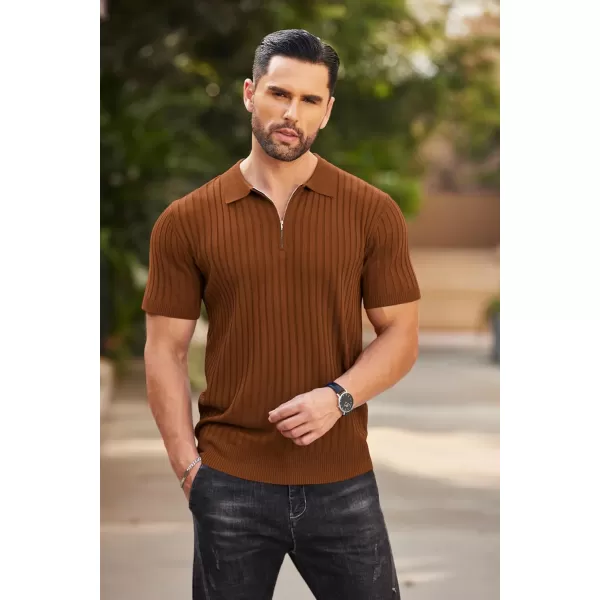 COOFANDY Men's Zipper Polo Shirts Short Sleeve Ribbed Knit Polo T Shirts Fashion Casual Golf Shirts