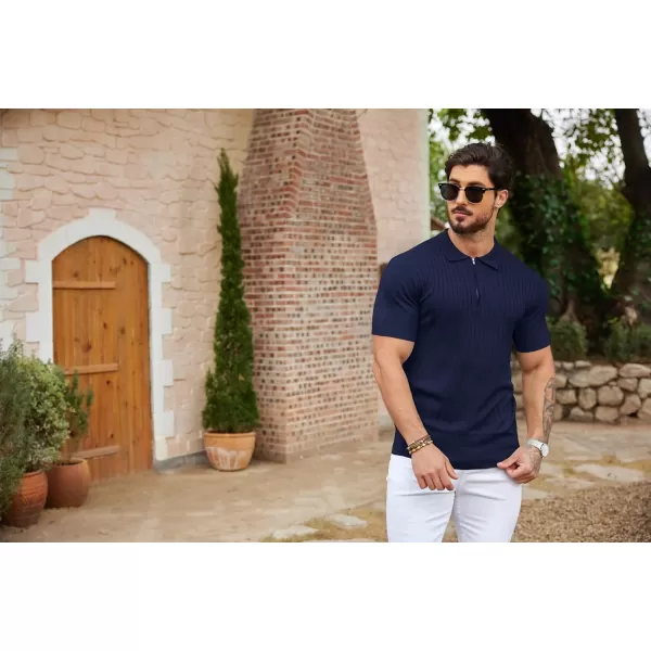 COOFANDY Men's Zipper Polo Shirts Short Sleeve Ribbed Knit Polo T Shirts Fashion Casual Golf Shirts