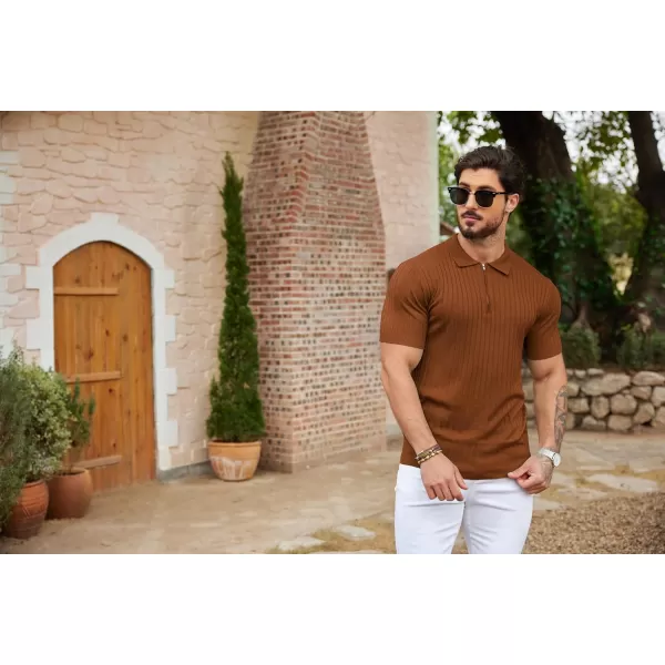 COOFANDY Men's Zipper Polo Shirts Short Sleeve Ribbed Knit Polo T Shirts Fashion Casual Golf Shirts