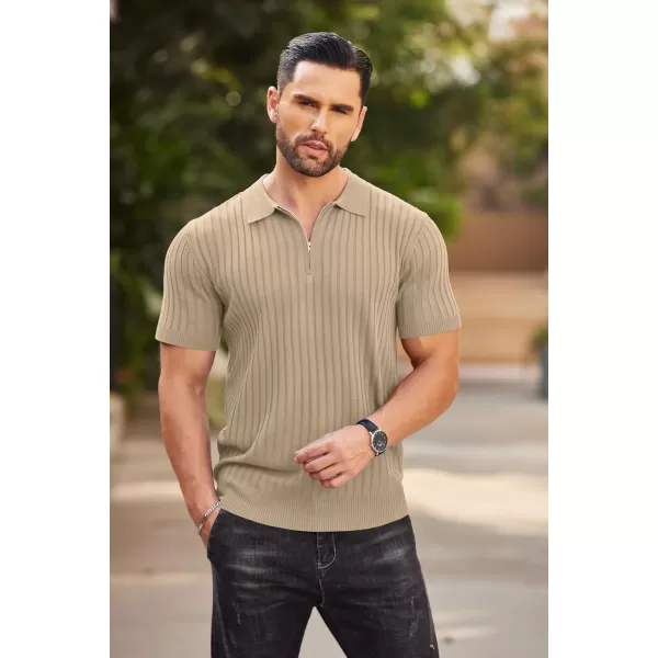 COOFANDY Men's Zipper Polo Shirts Short Sleeve Ribbed Knit Polo T Shirts Fashion Casual Golf Shirts