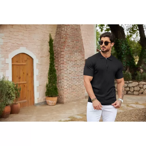COOFANDY Men's Zipper Polo Shirts Short Sleeve Ribbed Knit Polo T Shirts Fashion Casual Golf Shirts
