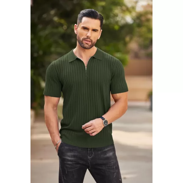 COOFANDY Men's Zipper Polo Shirts Short Sleeve Ribbed Knit Polo T Shirts Fashion Casual Golf Shirts