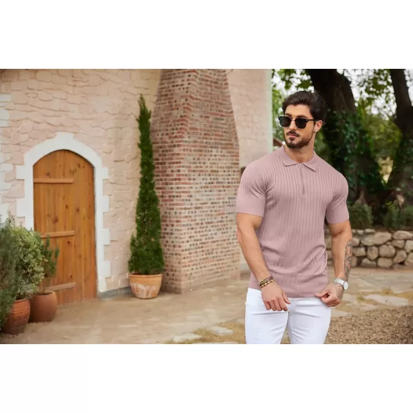 COOFANDY Men's Zipper Polo Shirts Short Sleeve Ribbed Knit Polo T Shirts Fashion Casual Golf Shirts