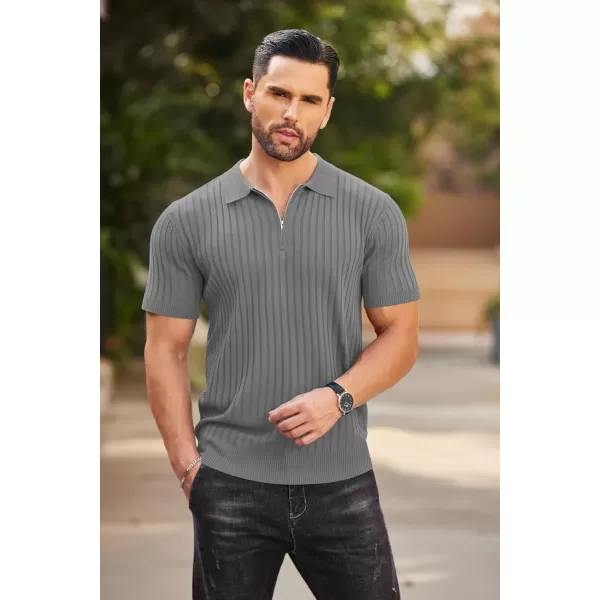 COOFANDY Men's Zipper Polo Shirts Short Sleeve Ribbed Knit Polo T Shirts Fashion Casual Golf Shirts