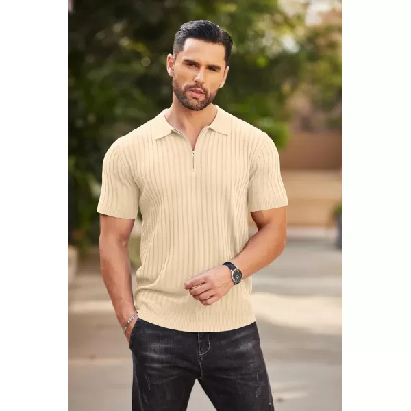COOFANDY Men's Zipper Polo Shirts Short Sleeve Ribbed Knit Polo T Shirts Fashion Casual Golf Shirts