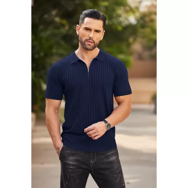 COOFANDY Men's Zipper Polo Shirts Short Sleeve Ribbed Knit Polo T Shirts Fashion Casual Golf Shirts