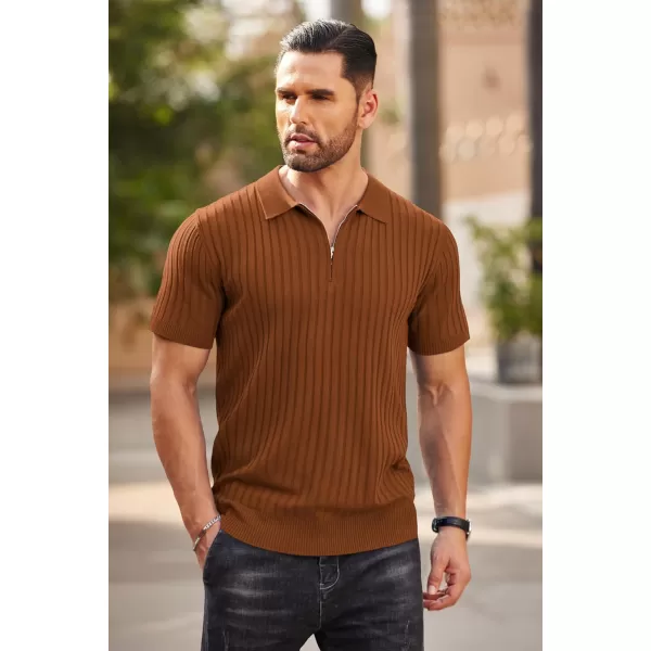 COOFANDY Men's Zipper Polo Shirts Short Sleeve Ribbed Knit Polo T Shirts Fashion Casual Golf Shirts