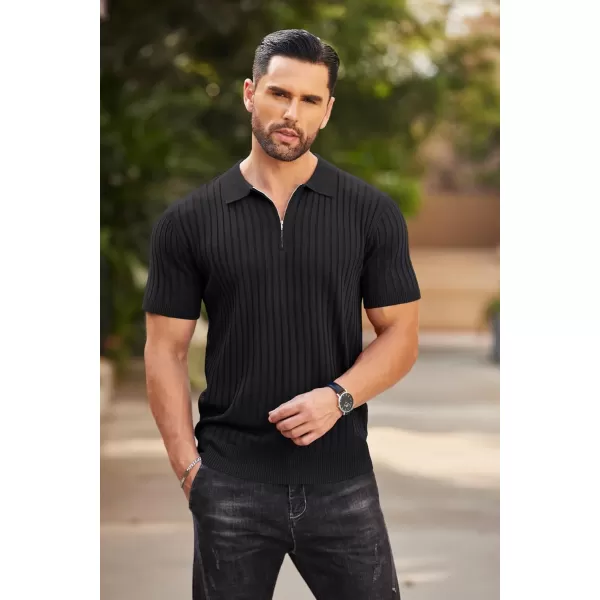 COOFANDY Men's Zipper Polo Shirts Short Sleeve Ribbed Knit Polo T Shirts Fashion Casual Golf Shirts