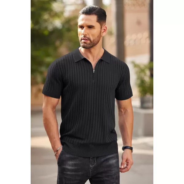 COOFANDY Men's Zipper Polo Shirts Short Sleeve Ribbed Knit Polo T Shirts Fashion Casual Golf Shirts