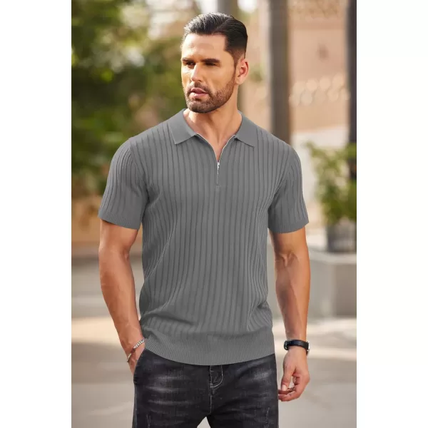 COOFANDY Men's Zipper Polo Shirts Short Sleeve Ribbed Knit Polo T Shirts Fashion Casual Golf Shirts