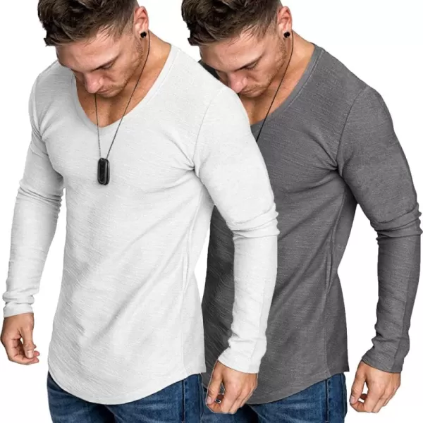 COOFANDY Men 2 Pack Muscle V Neck T Shirt Gym Athletic Fit Long Sleeves Tee Top