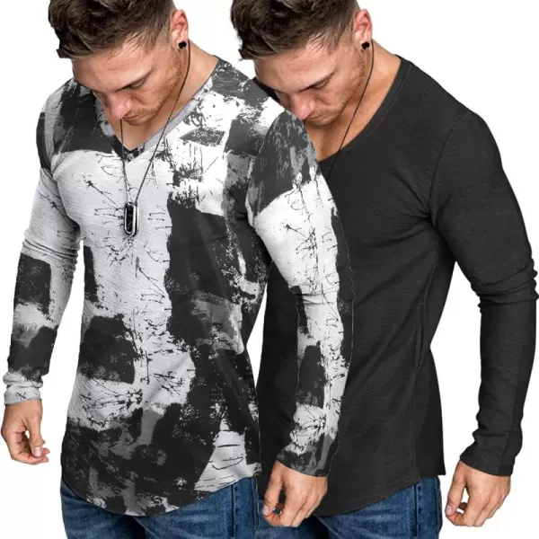 COOFANDY Men 2 Pack Muscle V Neck T Shirt Gym Athletic Fit Long Sleeves Tee Top