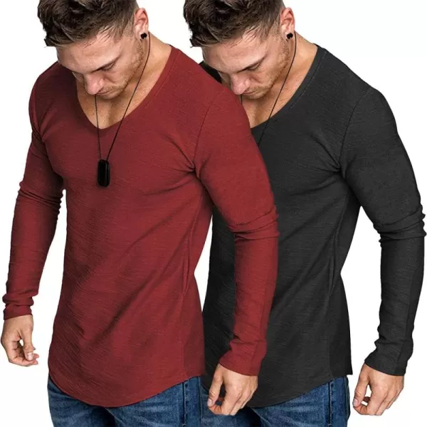 COOFANDY Men 2 Pack Muscle V Neck T Shirt Gym Athletic Fit Long Sleeves Tee Top
